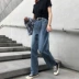 Quần jean nữ xuân hè 2018 mới của sinh viên Hàn Quốc buông xõa retro eo cao thẳng ống rộng chân quần 9 quần jean nữ Quần jean