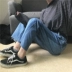 Mùa xuân Hàn Quốc rách cạnh rửa lỏng tương phản thẳng quần chân rộng là mỏng cao eo BF sinh viên jeans của phụ nữ quần