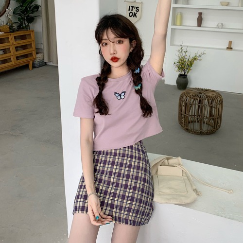 One Piece Purple Check Skirtbm Sweet and spicy wind butterfly Embroidery Short sleeve T-shirt female 2021 summer Korean version lattice High waist skirt fashion suit