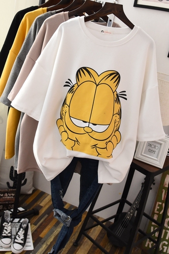 South Korea's new half-sleeved women's rubbery cartoon cat pattern large-size meat-covered cotton loose short-sleeved T-shirt women in autumn and winter