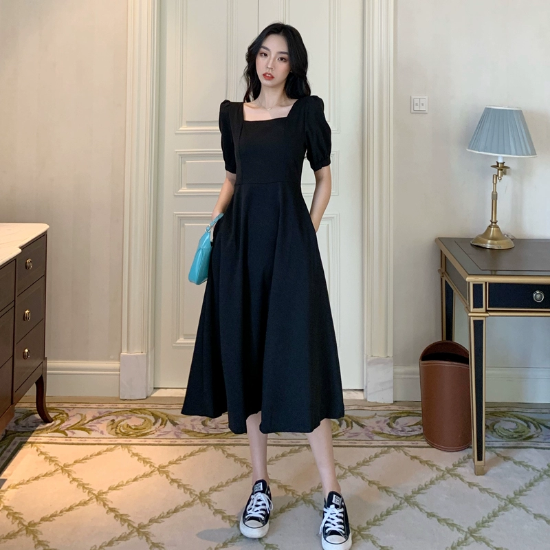 Mùa hè năm 2021 kiểu Pháp thắt lưng rắn màu của phụ nữ váy dài trung bình cổ vuông tay áo phồng váy a-line váy ngắn tay váy nhỏ màu đen - A-Line Váy