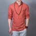 Mùa thu phong cách Trung Quốc linen dày linen áo sơ mi nam cổ áo loose nam cotton linen dài tay t-shirt kích thước lớn nam quần áo