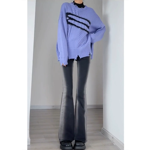 Дизайнерский черный мегафон, весенние джинсы, летние флисовые приталенные штаны, тренд сезона, градиент, высокая талия