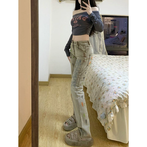 Tide, осенние джинсы, штаны, в американском стиле, с вышивкой, высокая талия, свободный прямой крой