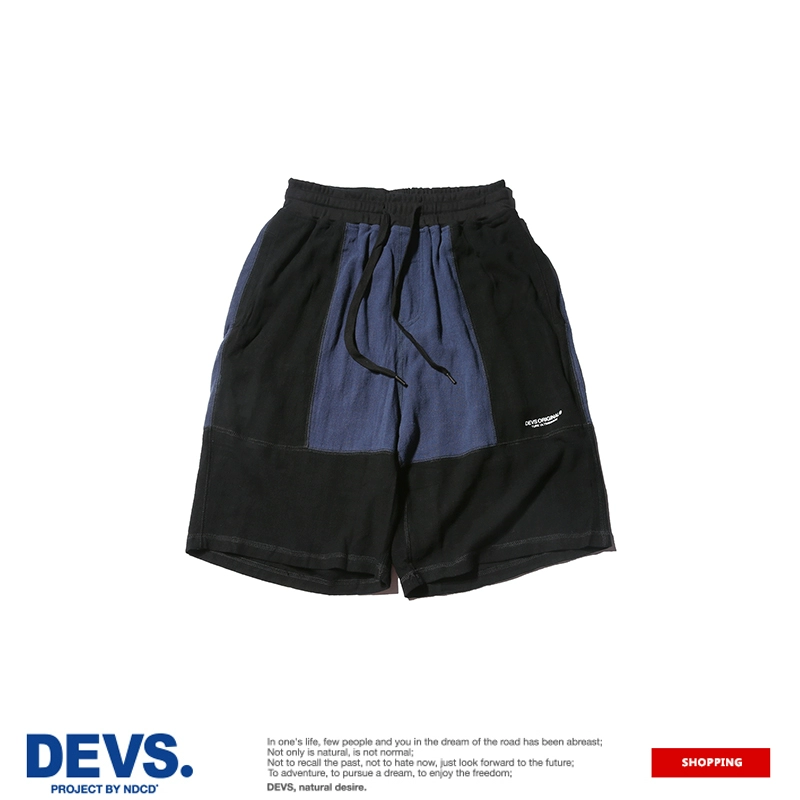 Thẻ màu xanh DEVS19 màu đen và màu xanh khâu bông và vải lanh giải trí quần short thể thao quần năm điểm - Quần short