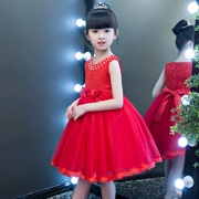 Cô gái váy đỏ công chúa váy trẻ em sinh nhật bé gái cô gái mùa hè sưng húp - Váy trẻ em
