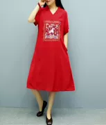 J40 Sen văn học vuông thêu lỏng hoang dã ngắn tay V-Cổ linen ăn mặc Tiansi cotton và linen dress