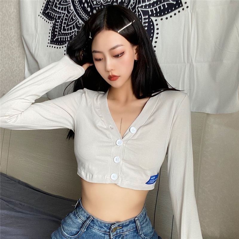Beigegagaopt self-control new pattern Suit style have cash less than that is registered in the accounts Long sleeve T-shirt female Cardigan Four buckles High waist V-collar jacket cotton material