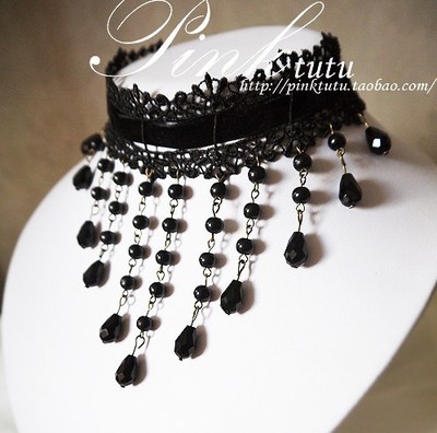taobao agent Genuine retro accessory, black crystal for princess with tassels, necklace