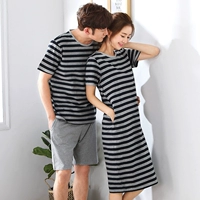 Sọc vài bộ đồ ngủ mùa hè bông phụ nữ nightdress phần dài Hàn Quốc phiên bản của lỏng thường bông người đàn ông nhà dịch vụ mùa xuân bộ đồ thu đông trung niên