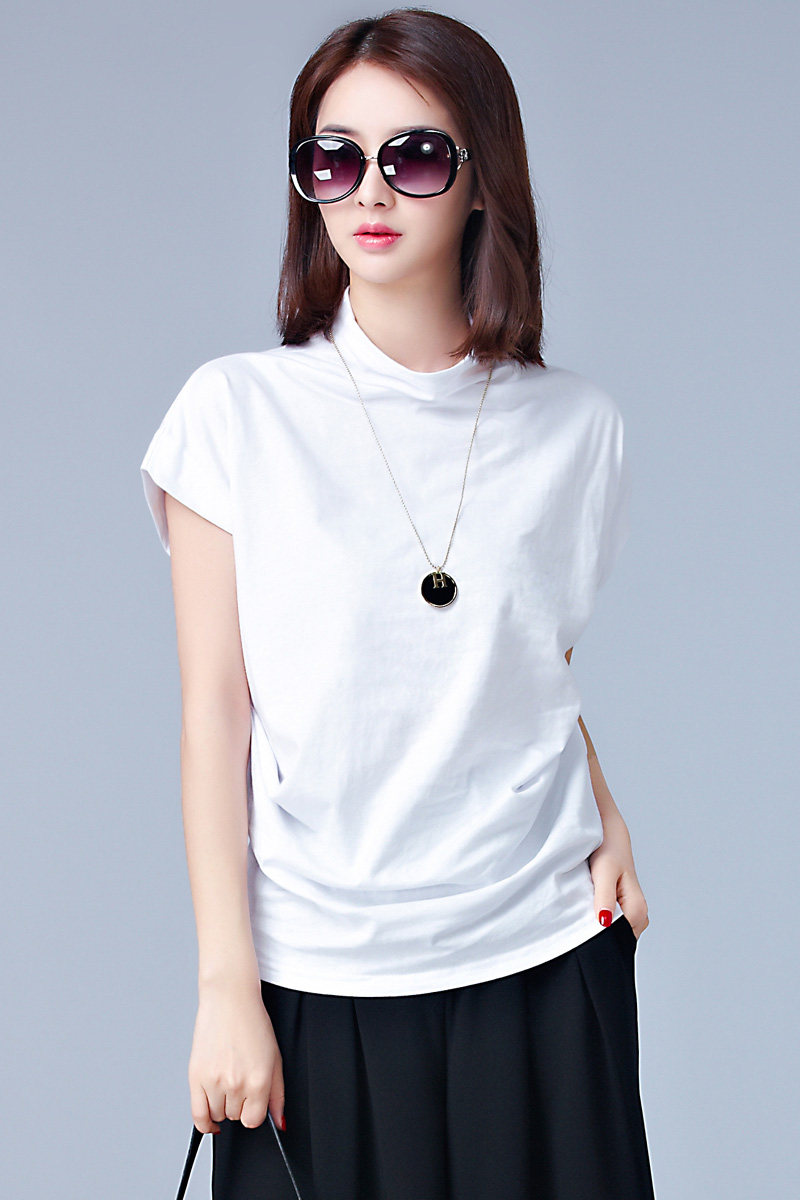 夏装纯棉高领打底衫女宽松大码韩版纯色百搭半袖短袖t恤女装上衣