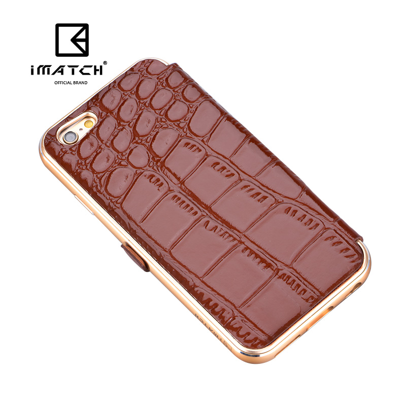 iMatch Luxury Aluminum Metal Bumper Crocodile Grain Premium Genuine Leather Flip Magnetic Case Cover for Apple iPhone 6S Plus