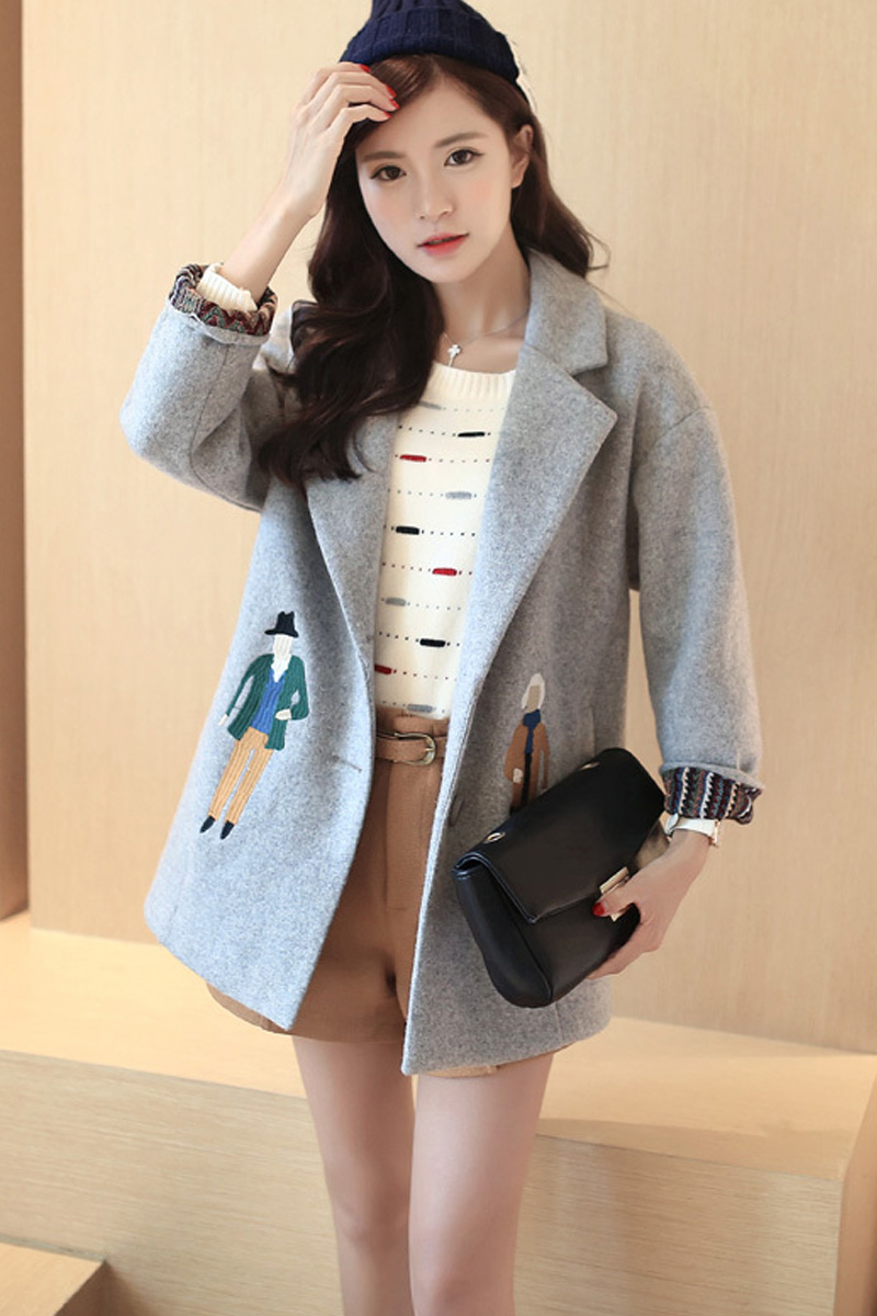 T0874-2015 autumn new Korean Women cartoon characters embroidered woolen suit collar coat jacket 0914