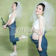184 phụ nữ mang thai cho thuê quần áo ảnh studio bụng lớn mẹ denim yếm ảnh dễ thương sống động