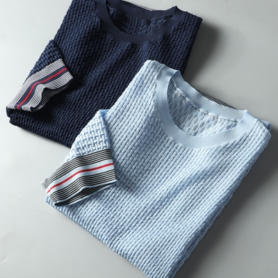 高端奢华 天丝 真丝 夏季微镂空钩针提花男修身针织圆领短袖t恤男