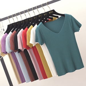 Rắn màu ngắn tay áo sơ mi nữ ulzzang sinh viên Hàn Quốc là mỏng cổ chữ v đan đáy áo sơ mi hoang dã nhỏ tươi