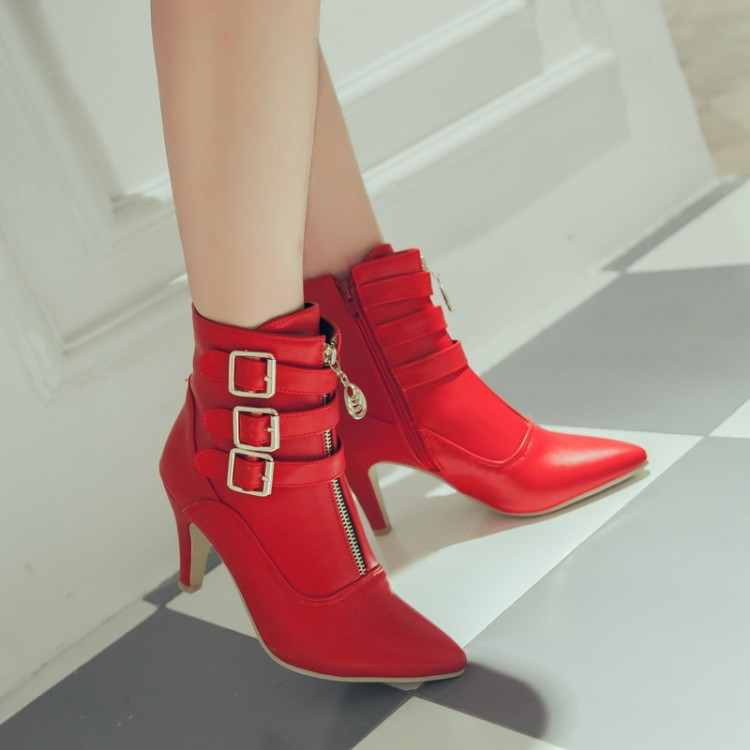 Fashion Women Winter High Heel Ankle Boots Leather Pointed Toe Buckle ...