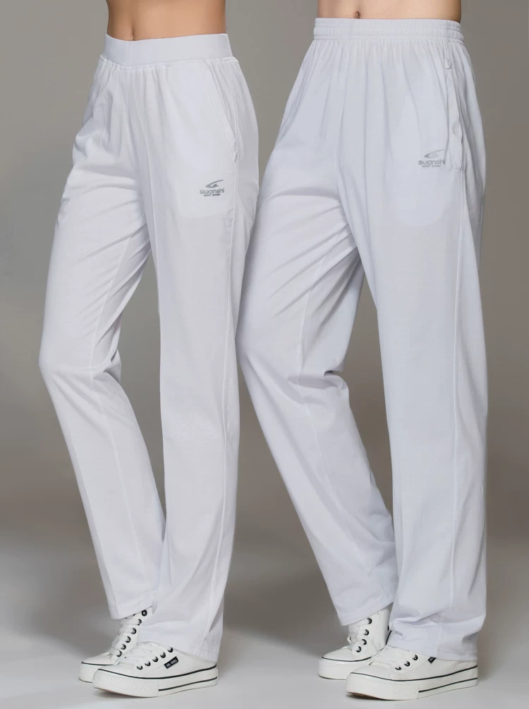 Summer thin white cotton trousers, high waist, for middle age, loose straight fit