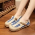 2018 mùa xuân mới Nhật Bản sọc vải bố giày thoải mái thở giày thấp làm bằng tay bông giày vải lanh giày cao gót 7cm Giày cắt thấp