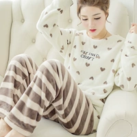 Bộ đồ ngủ nữ mùa đông san hô nhung phiên bản Hàn Quốc cỡ lớn dễ thương mùa thu và mùa đông mẫu flannel nữ dày dặn phục vụ nhà mùa xuân và bộ đồ mùa thu bộ quần áo ngủ