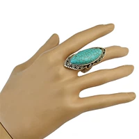 Ретро этническое универсальное бирюзовое серебряное кольцо с камнем, длинный аксессуар, бирюзовая инкрустация камня, стиль бохо, этнический стиль