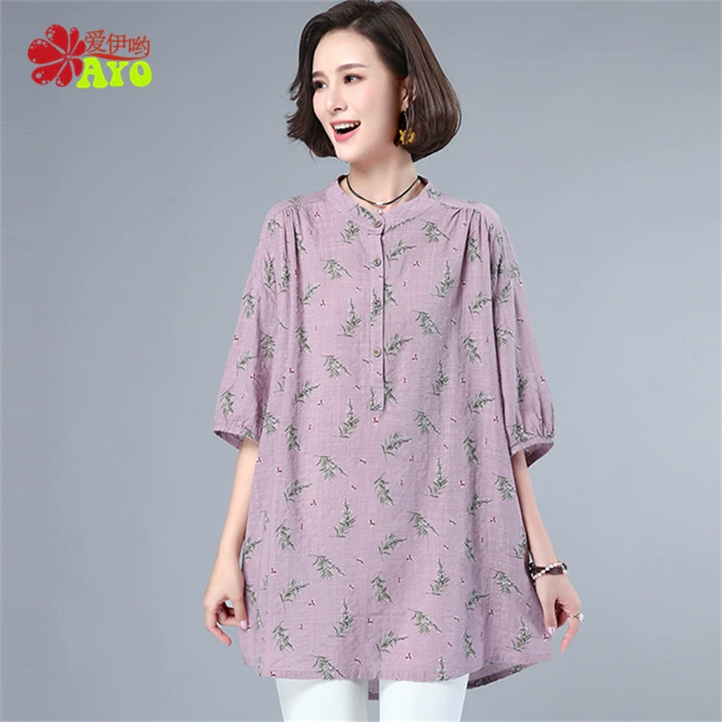 Năm 2021 mới mùa hè cộng với kích thước phụ nữ rộng rãi che bụng cotton và vải lanh in áo sơ mi ba phần tư tay áo dài giữa áo sơ mi - Áo sơ mi