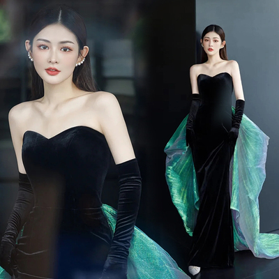 taobao agent Black velvet tube top, evening dress, wedding dress
