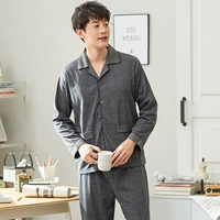 Đồ ngủ mới cho nam mùa xuân và mùa thu cotton dài tay áo len ve áo trung niên cha cotton phục vụ nhà - Pyjama đồ ngủ nam