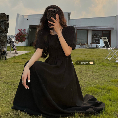 taobao agent Summer long skirt, black dress, for plus size ladies, french style, fitted