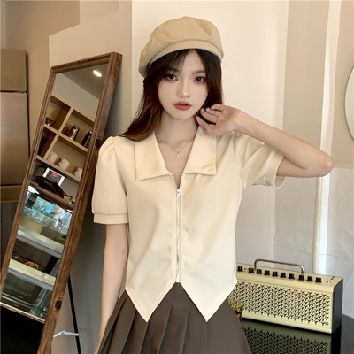 taobao agent Summer short sleeve T-shirt, short top with zipper, plus size, fitted, with short sleeve, polo collar