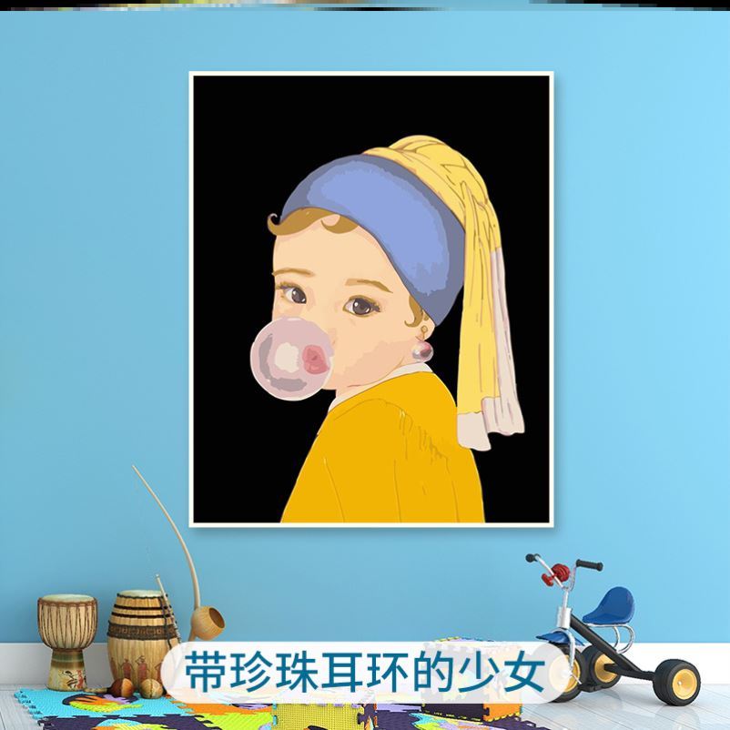 珍珠耳环少女数字油画填充人物客厅迷你风景卡通diy