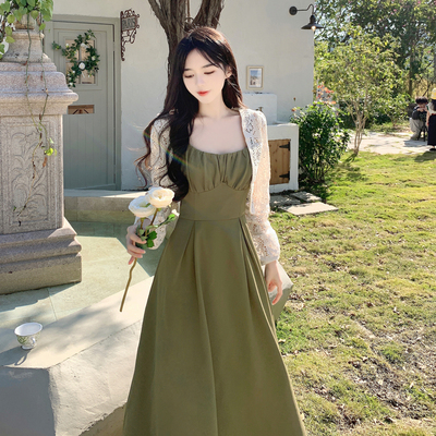 taobao agent Spring set, dress, cardigan, fresh long skirt, plus size, 2023, maxi length