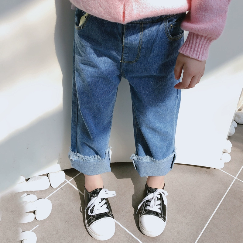 Xuân 2019 cho bé gái mới thoải mái tua quần jeans quần trẻ em cá tính co giãn giản dị - Quần jean