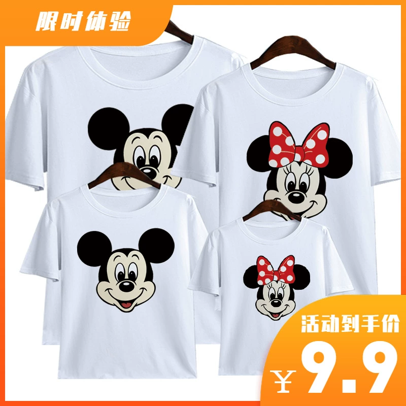 Một gia đình gồm ba trang phục Mickey cha mẹ và trẻ em Mickey Mickey mùa xuân bốn chiếc áo len mùa xuân và mùa thu mẹ và con áo thun ngắn tay màu đỏ - Trang phục dành cho cha mẹ và con