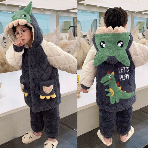 Динозавр для мальчиков, демисезонная детская фланелевая стеганая флисовая коралловая бархатная пижама, подходит для подростков