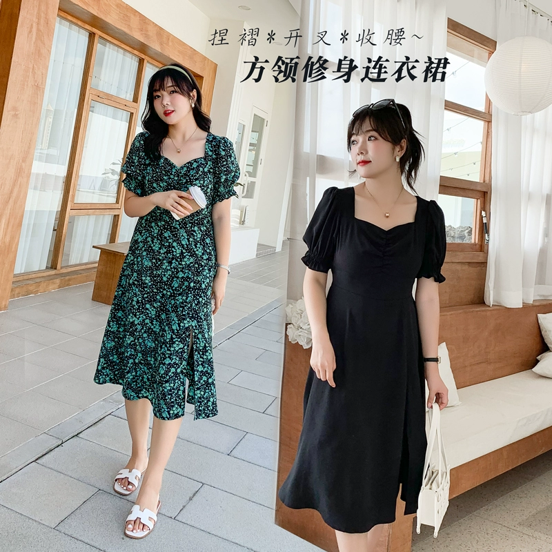 Sản phẩm mới mùa hè năm 2021 cộng với kích thước của phụ nữ béo mm Hàn Quốc dài trung bình mỏng giảm béo tay áo phồng váy voan hoa - Váy eo cao