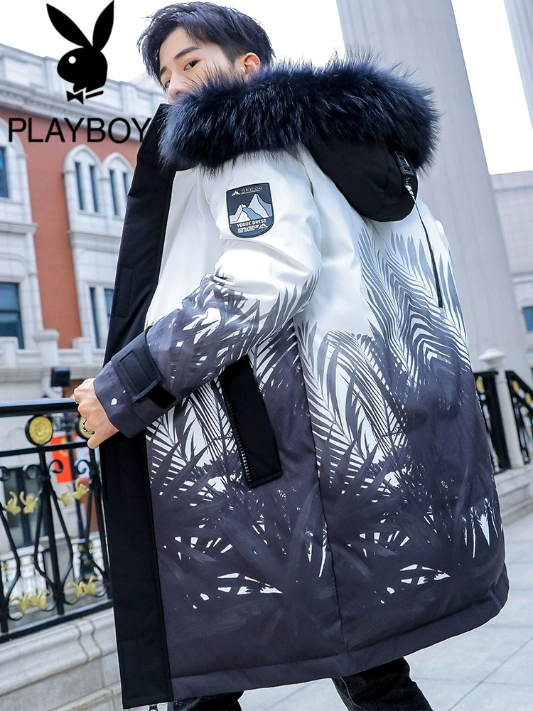 Playboy nam cổ lông lớn xuống áo khoác mùa đông lỏng lẻo Phiên bản Hàn Quốc của công cụ màu gradient xu hướng áo khoác cotton - Trang phục Couple