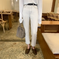 [Juslin] ретро середина высокого талии контрастная линия цветового давления Linny Rice White 9 -точка конические джинсы E0823