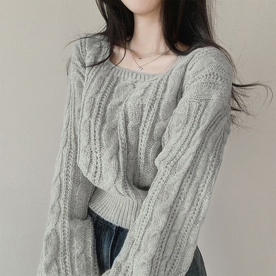taobao agent Knitted autumn sweater, short jacket, plus size, square neckline, long sleeve, 2023 collection, city style