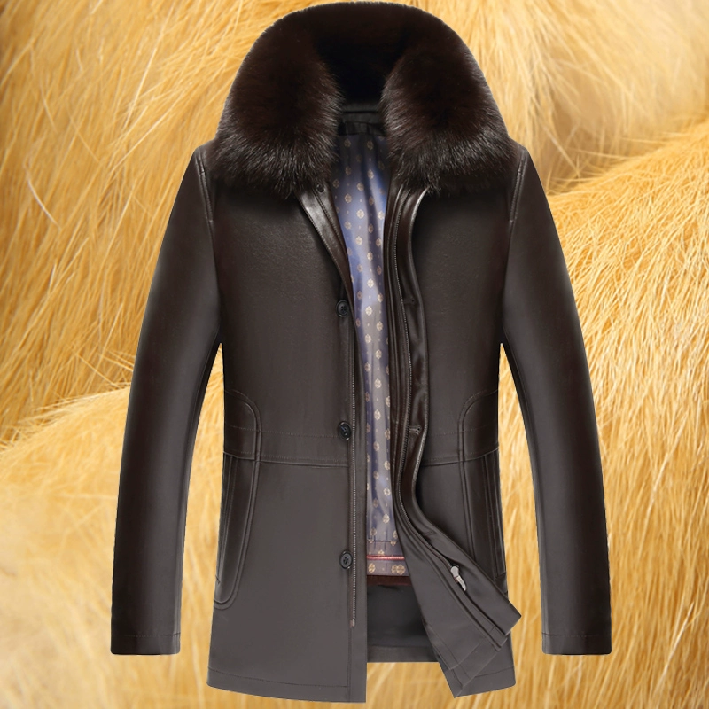 Áo khoác da nam trung niên và cao tuổi cáo lông cổ áo chồn lót mùa đông cộng với nhung lông dày cha - Quần áo lông thú