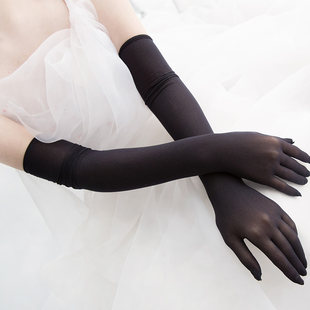 極薄ストッキング手袋、黒いシルク手袋とアームカバー、絹のような伸縮性のある5本指手袋、セクシーなハンドシルク