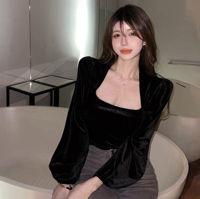 taobao agent Autumn top, velvet long-sleeve, plus size, french style, fitted, square neckline, puff sleeves
