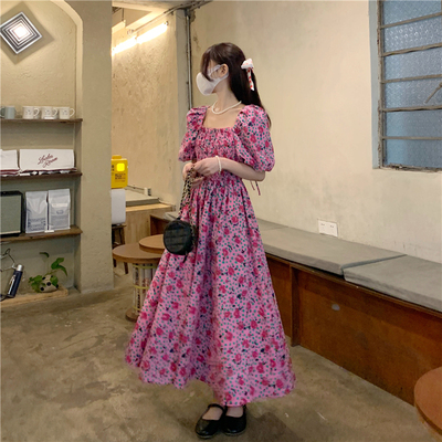 taobao agent Retro summer long skirt, dress, plus size, French retro style, square neckline, puff sleeves, floral print, fitted