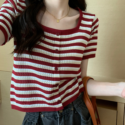 taobao agent Silk knitted summer sweater, jacket, T-shirt, plus size, square neckline, with short sleeve, fitted