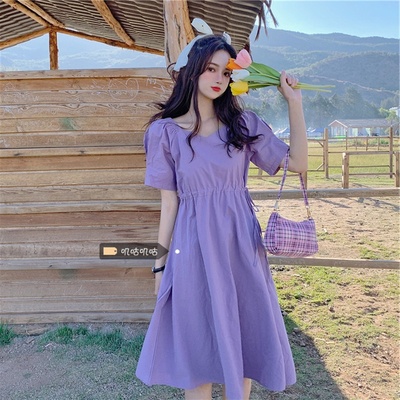 taobao agent Purple retro summer dress, 2021 collection, for plus size ladies, fitted, drawstring, V-neckline