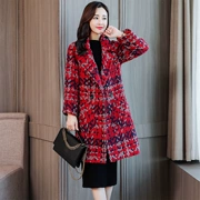 Áo khoác len nữ dài phần 2019 mùa thu mới Hàn Quốc mùa đông cỡ lớn kẻ sọc hoa thô quần áo Nizi áo khoác nữ - Áo Hàn Quốc