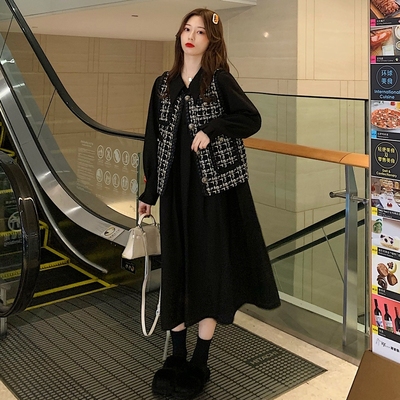 taobao agent Autumn vest, set, dress with sleeves, plus size, long sleeve, french style
