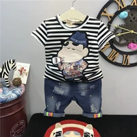 Chàng trai mùa hè phù hợp với 2018 mới trẻ em Hàn Quốc sọc cotton ngắn tay T-Shirt + quần short denim hai mảnh phù hợp với quần jean bé gái