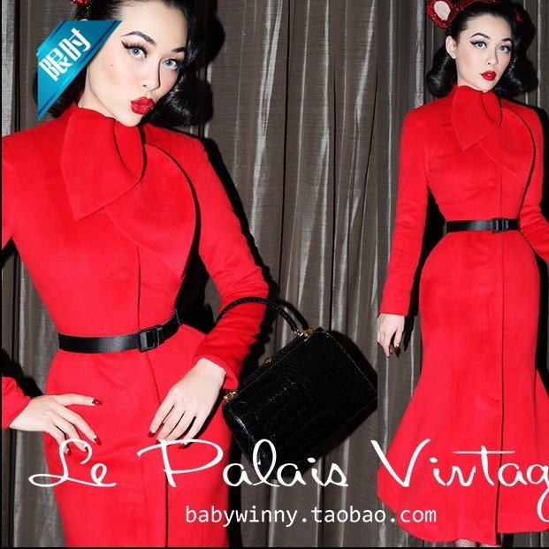 Retro thanh lịch màu đỏ cashmere mỏng đuôi cá áo dài áo len cashmere áo khoác eo mỏng quần áo của phụ nữ