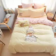 Bông cotton bốn mảnh màu vàng nhạt trải chăn bông đôi giường nhỏ tươi dễ thương Khăn trải giường 1,8m - Bộ đồ giường bốn mảnh